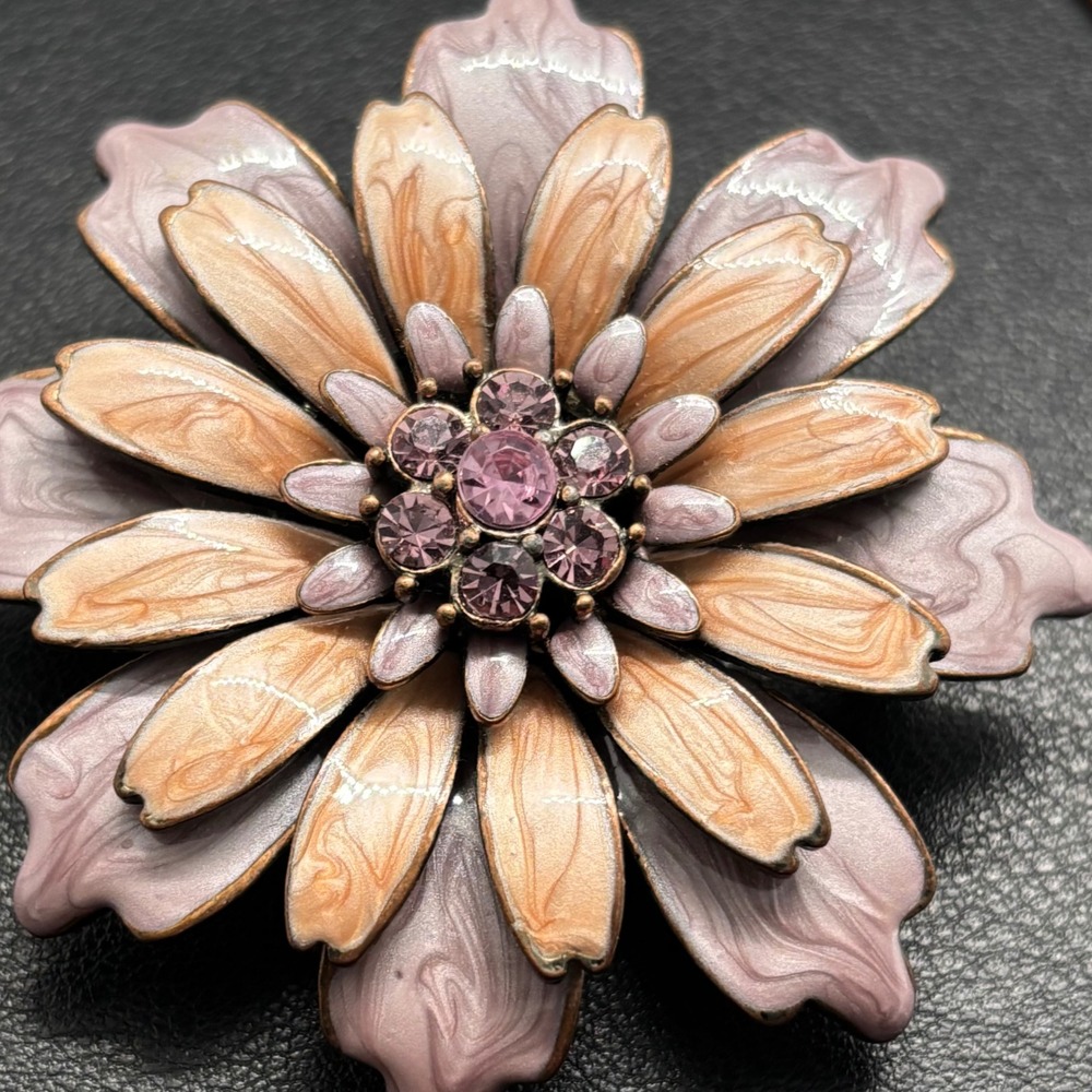 Flower Brooch Pendant Women Pink Peach Enamel Rhinestone Floral